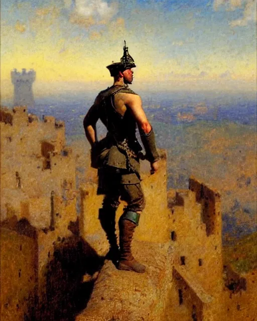 Image similar to muscular, rugged german soldier watches the horizon from on top of a castle wall, painting by gaston bussiere, craig mullins, j. c. leyendecker