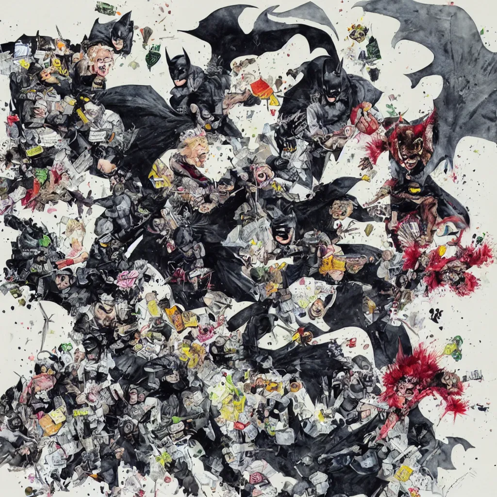 Prompt: Batman and squirrel-man, watercolor painting by David Choe