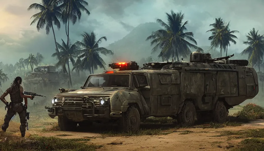 Prompt: a militarized police vehicle riding through a kerala village, troops searching the area, furious action scene, an epic fantasy, dramatic lighting, cinematic, establishing shot, extremely high detail, photorealistic, cinematic lighting, tending on artstation, matte painting, octane render, by simon stalenhag, shadow of the tomb raider, aesthetic