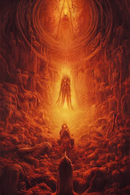 Prompt: occult demon worship scene in hell, intricate detailed painting movie poster, golden ratio, trending on cgsociety, majestic, dark epic fantasy, trending on artstation, by Zdizslaw Beksinski, Darius Zawadzki, highly detailed, vibrant, cinematic quality character render; low angle; ultra high quality model; production quality cinema model