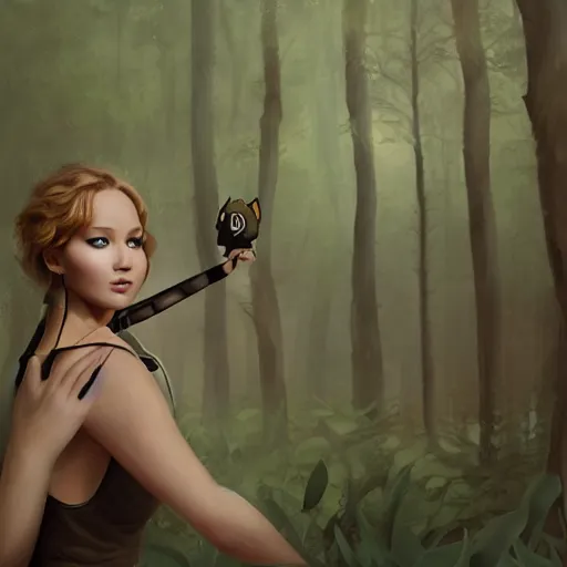 Prompt: a portrait of jennifer lawrence as a pokemon trainer, in a dark forest, extremely detailed digital art, trending on artstation hyper realistic matte painting, by wlop, art germ