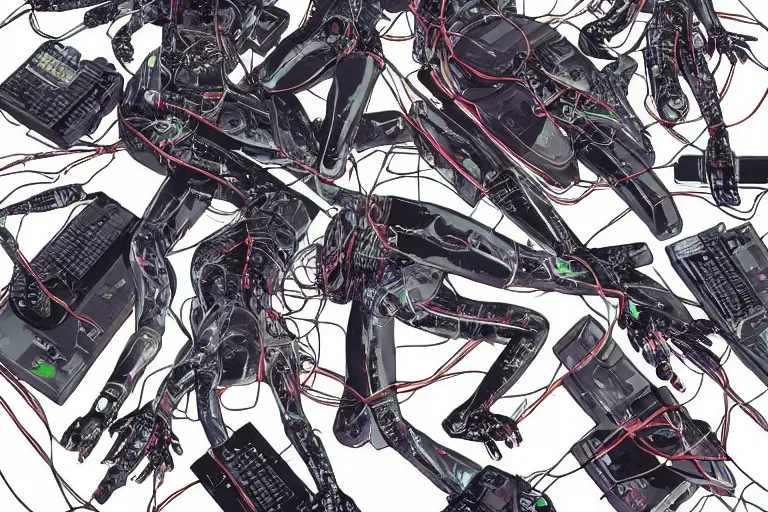 Image similar to a cyberpunk illustration of a group of female androids in style of masamune shirow, lying on an empty, white floor with their bodies scattered across, turned in different poses and cables and wires coming out, by yukito kishiro and katsuhiro otomo, hyper-detailed, intricate, view from above