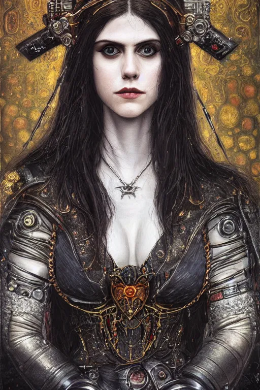 Image similar to portrait of beautiful gothic Alexandra Daddario, cyberpunk, Warhammer, highly detailed, artstation, illustration, art by Gustav Klimt