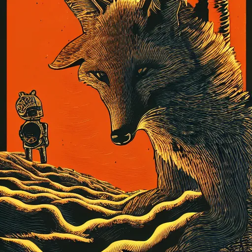 Image similar to fox and a robot by woodblock print, nicolas delort, moebius, victo ngai, josan gonzalez, kilian eng