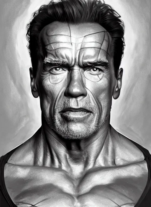 Image similar to symmetry!! arnold schwarzenegger, machine parts embedded into face, intricate, elegant, highly detailed, digital painting, artstation, concept art, smooth, sharp focus, illustration, art by artgerm and greg rutkowski and alphonse mucha, 8 k