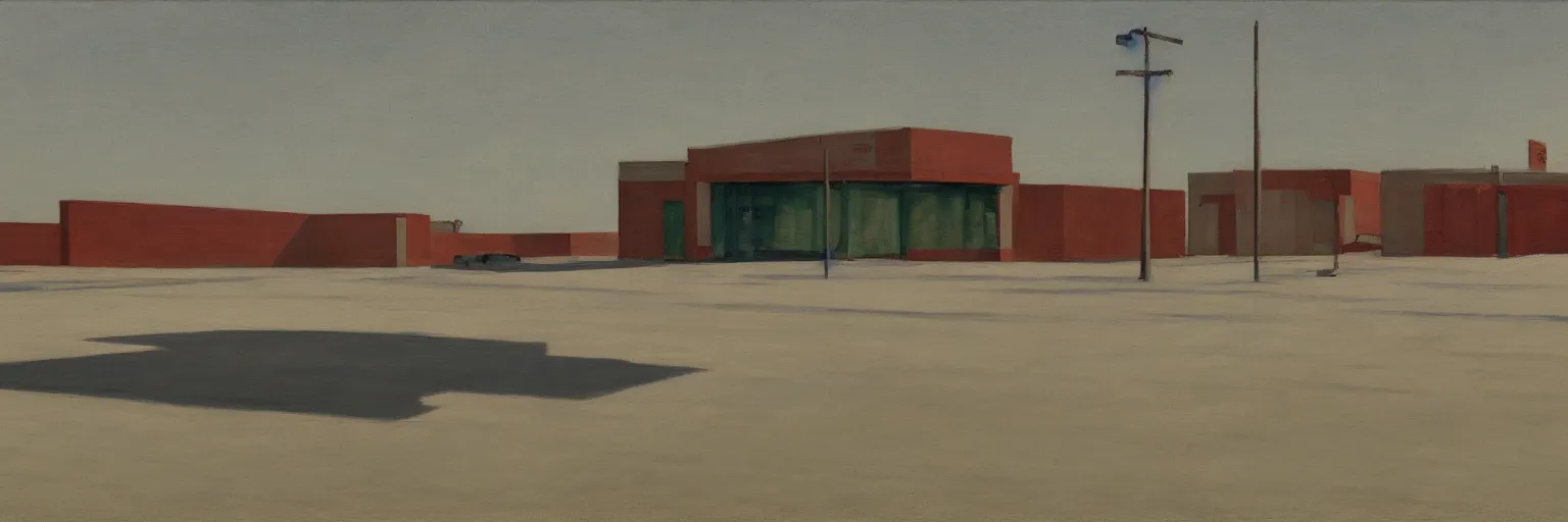 Image similar to bleak and deserted parking lot behind a North American suburban strip mall by Edward Hopper