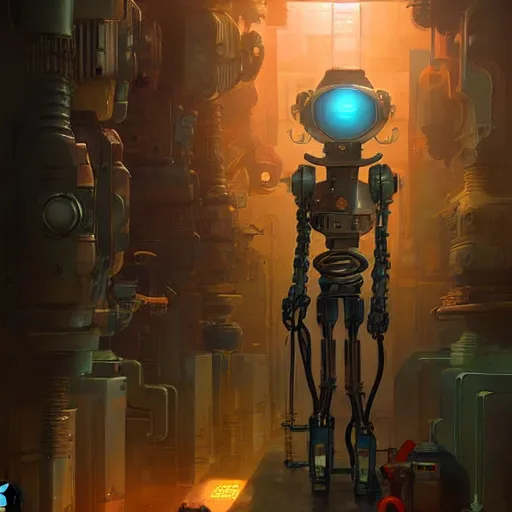 Image similar to a robot, mechanical, intrincate, cinematic lights, cgscociety by by marc simonetti and peter mohrbacher