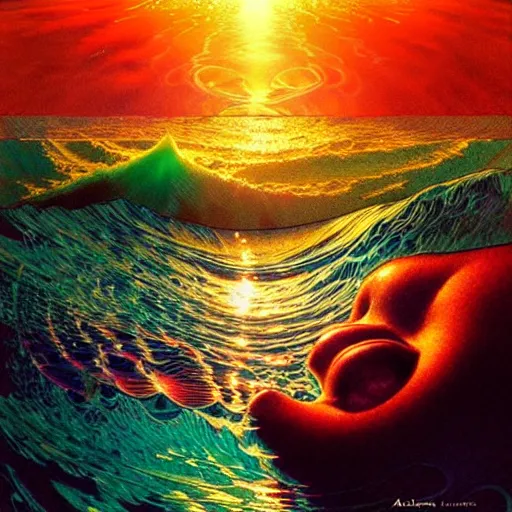 Image similar to ocean wave around giant psychedelic mushroom, lsd water, dmt droplets, backlit, sunset, refracted lighting, art by collier, albert aublet, krenz cushart, artem demura, alphonse mucha