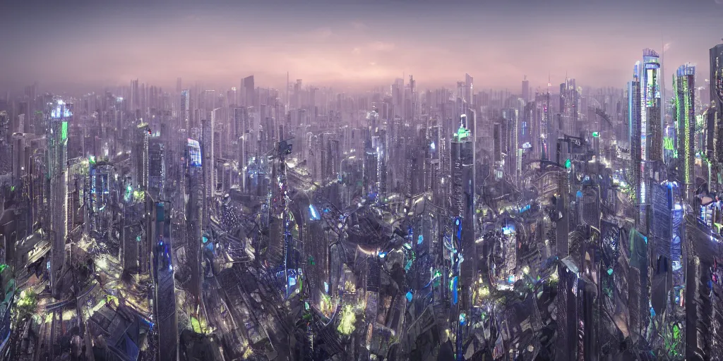 Prompt: futuristic shenzhen skyline, sunrise, vray, hdr, overhead view, photorealistic, highly detailed, 8 k, solarpunk