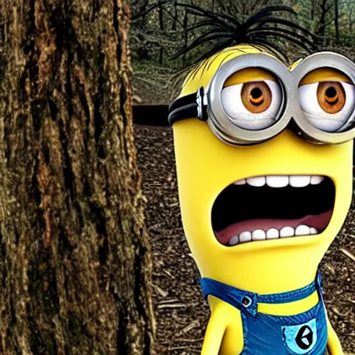 Image similar to a still of a minion in the blair witch project, hyper realistic