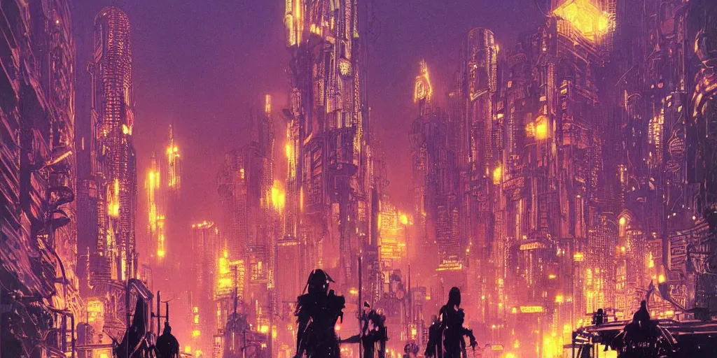 Image similar to vast futuristic steampunk city, dark tall people, night, colored neons, mist, video screens, street lights, cinematic, illustration by moebius and Bill Sienkiewicz