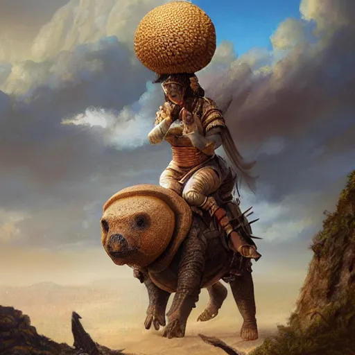 Prompt: incan riding a glyptodon, fullbody, fantasy, intricate, elegant, highly detailed, digital painting, artstation, longspear, concept art, smooth, sharp focus, illustration, art by greg rutkowski and justin gerard