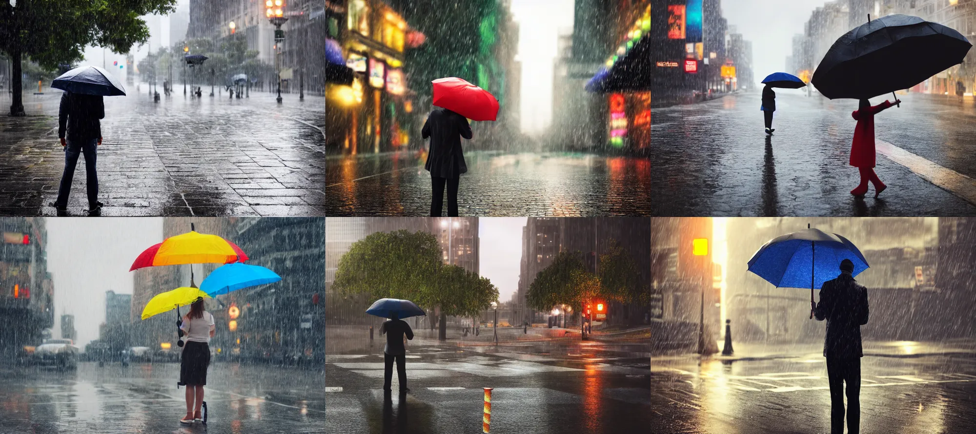 Prompt: a person standing on a street corner holding an umbrella while it rains Skittles, hyper realism, detailed, 4K, cinematic light, low angle, bokeh, unreal engine