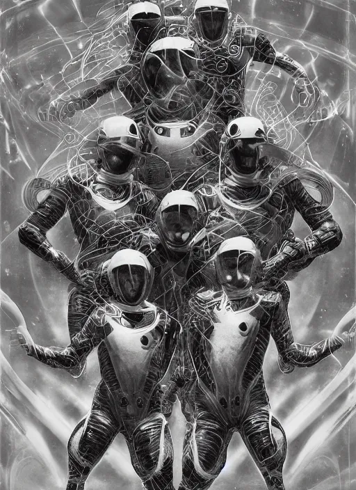 Image similar to symmetrical astronauts in dark and empty void underwater - complex and hyperdetailed technical suit. reflection and dispersion materials. rays and dispersion of light. volumetric light. 5 0 mm, f / 3 2. noise film photo. flash photography. ultra realistic, wide angle. poster by wayne barlowe, hajime sorayama aaron horkey, craig mullins