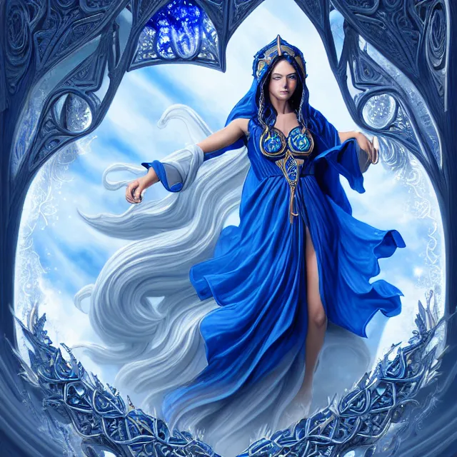 Image similar to beautiful!! elemental sky witch with intricate ornate blue and white robes and sky powers artgerm anne stokes highly detailed 8 k hdr smooth sharp focus high resolution award - winning photo photorealistic