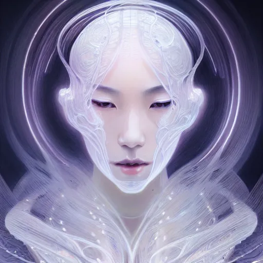 Image similar to ultra realistic illustration, a japanese female digital ghost queen, transparent, static, intricate, elegant, highly detailed, digital painting, artstation, concept art, smooth, sharp focus, illustration, art by artgerm and greg rutkowski and alphonse mucha