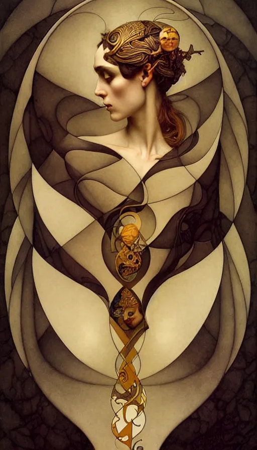 Image similar to M. C. Escher looking puzzled painted by tom bagshaw, mobius, mucha M. C. Escher, gold paint, ink, gnarly details