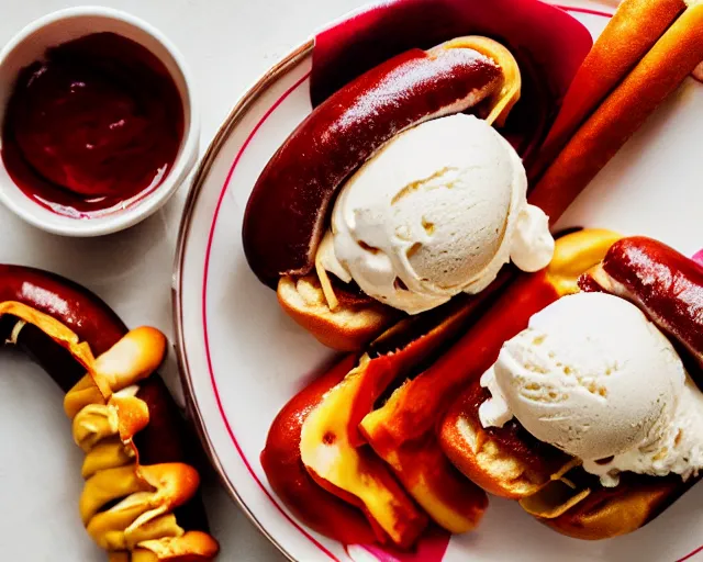 Image similar to dslr food photograph of vanilla ice cream with ketchup on, and slices of hotdog, 8 5 mm f 1. 4