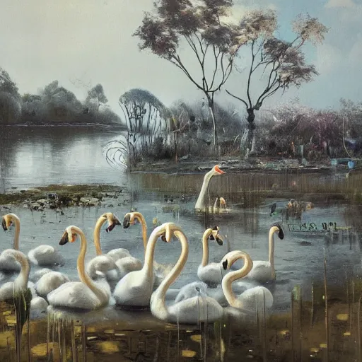 Image similar to painting hr giger tent in a landscape, swans in a pond, floral ornaments light beams night, ashley wood