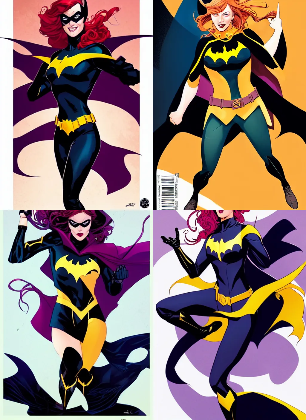 Prompt: in the style of Joshua Middleton comicbook cover art, Batgirl, action pose, smile