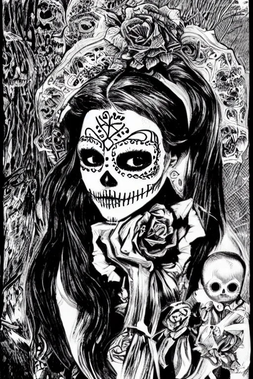 Image similar to Illustration of a sugar skull day of the dead girl, art by bernie wrightson