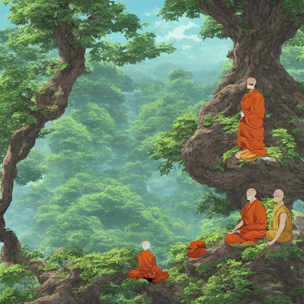 Prompt: Meditating Buddhist monk sat at the base of a large tree on top of a green hill artwork by studio Ghibli, highly detailed, masterpiece, trending on artstation, 4k, hyper detailed