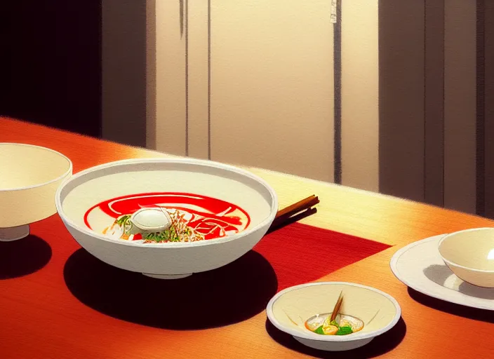 Image similar to a film still portrait of a bowl with sukiyaki, finely detailed features, closeup at the food, perfect art, at a dinner table, gapmoe yandere grimdark, trending on pixiv fanbox, painted by greg rutkowski makoto shinkai takashi takeuchi studio ghibli, akihiko yoshida