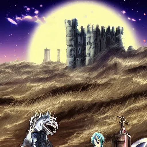 Prompt: Anime style, desert at night filled with monstrous beasts, tall white tower in the background, HD,