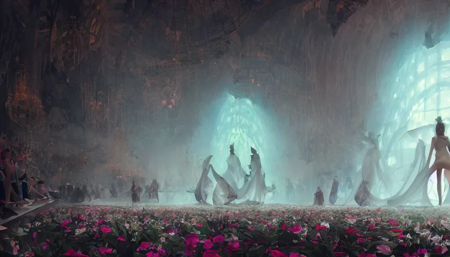 Image similar to victoria secret runway show, light, shadows, reflections, flowers, epic composition, intricate, elegant, volumetric lighting, digital painting, highly detailed, artstation, sharp focus, illustration, concept art, ruan jia, james jean, steve mccurry, raymond swanland, peter andrew jones, greg rutkowski, concept art, iconic