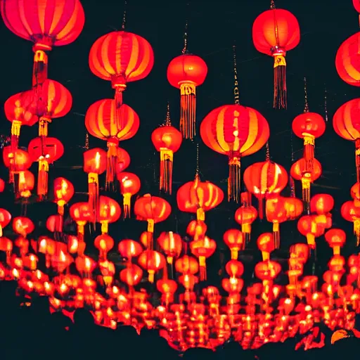 Image similar to night club, red chinese lanterns, people's silhouettes