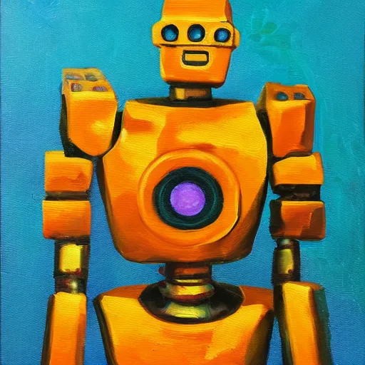 Image similar to half robot half dinosaur, oil painting