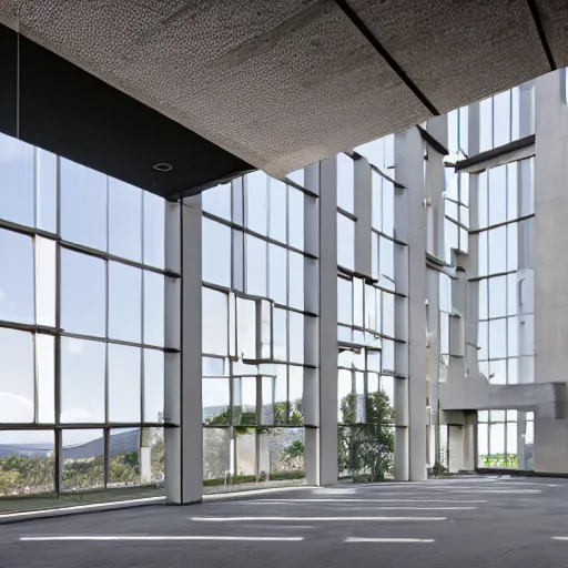 Image similar to second story cantilevered white brutalist office on top of 2 large piers, large windows, elegant, white stone, proportion, golden ratio, epic composition, steel window mullions, cars parked underneath, 1 6 : 9