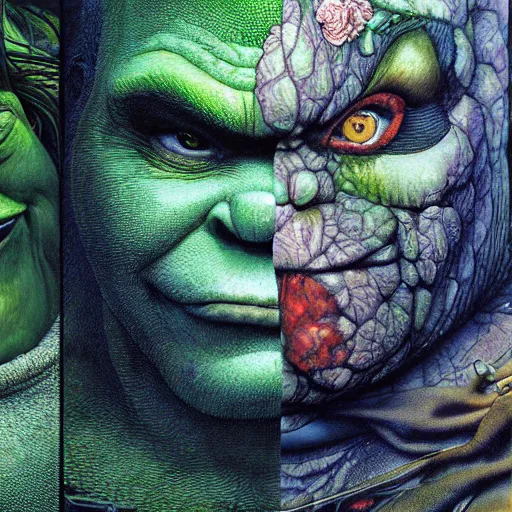 Prompt: realistic detailed image of Shrek by Ayami Kojima, Amano, Karol Bak, Greg Hildebrandt, and Mark Brooks, Neo-Gothic, gothic, rich deep colors. Beksinski painting, part by Adrian Ghenie and Gerhard Richter. art by Takato Yamamoto. masterpiece