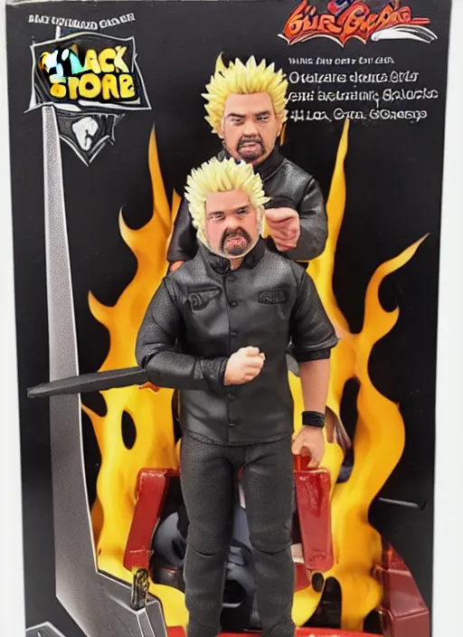 Prompt: black series action figure of guy fieri with barfing action, pristine box, toy still in package, ebay, extremely detailed