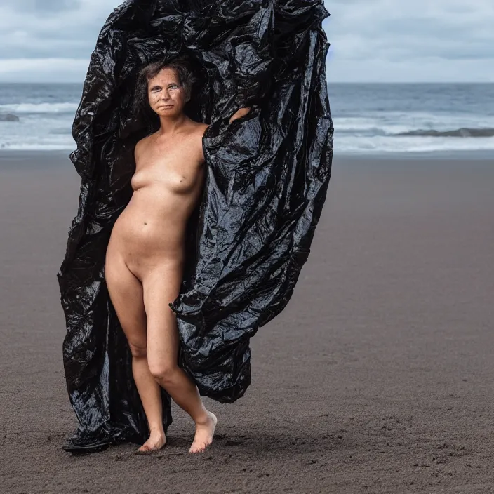 Image similar to closeup portrait of a woman wrapped in a plastic cloak, standing in a volcanic black sand beach, color photograph, by vincent desiderio, canon eos c 3 0 0, ƒ 1. 8, 3 5 mm, 8 k, medium - format print