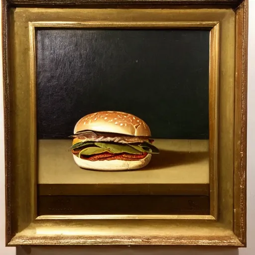 Prompt: hamburger in still life. dutch masters, 1 8 th century. oil on canvas