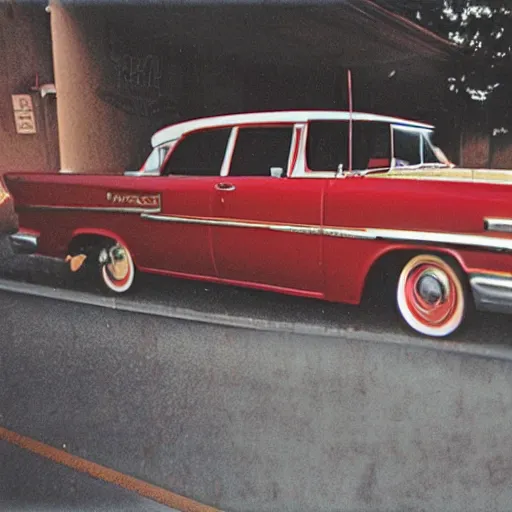 Image similar to cnicus growing on a ford crown victoria parked in suburia in 1 9 5 3, red tint on gold background