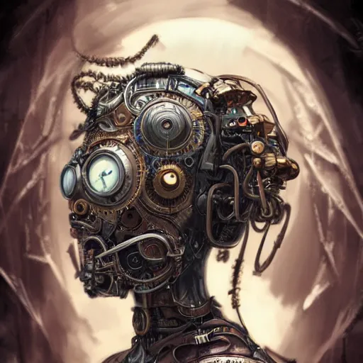 Prompt: portrait painting of a steampunk cyborg mother, transhumanism, ultra realistic, concept art, studio ghibli, intricate details, eerie highly detailed