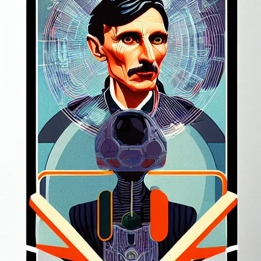 Image similar to majestic futuristic visionary inventor nikola tesla tarot crad by sachin teng, artgerm, darius zawadzki, masterpiece, organic painting, matte painting, technical geometrical drawing shapes, lightning electricity coil, hard edges, graffiti, screen printing poster art by sachin teng, artstation trending