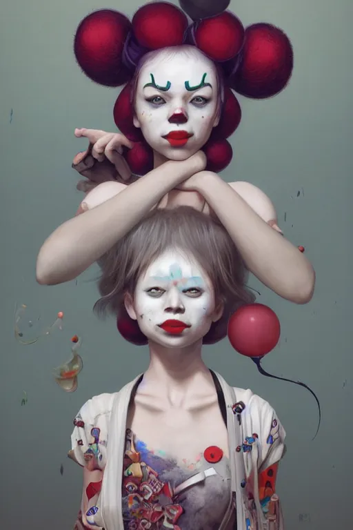 Image similar to breathtaking detailed painting of clown girl , with anxious, piercing eyes, Atari game cover art by Hsiao-Ron Cheng, James jean, Miho Hirano, Hayao Miyazaki, extremely moody lighting, hyperrealistic, octane render, RPG portrait, ambient light, dynamic lighting