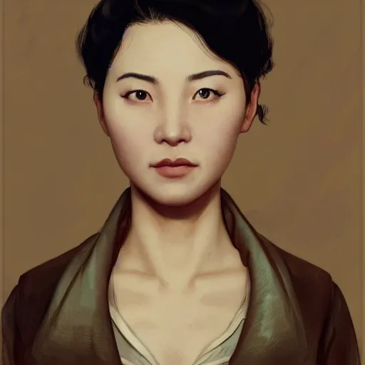 Prompt: Half portrait of a chinese woman with short hair as a character in Fallout 4 visiting a point of interest, gorgeous, beautiful, intricate, highly detailed, digital painting, artstation, oppressive lighting, concept art, sharp focus, illustration, art by greg rutkowski and alphonse mucha