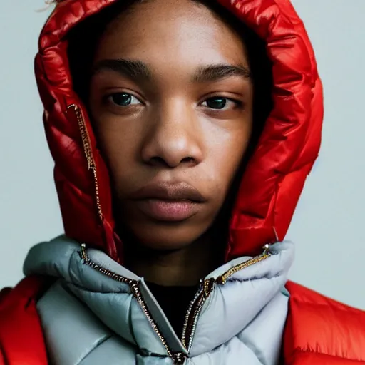 Prompt: realistic photoshooting for a new balenciaga lookbook color film photography close up portrait of a beautiful woman model, model wears a puffer jacket, photo in style of tyler mitchell, wes anderson, ssense