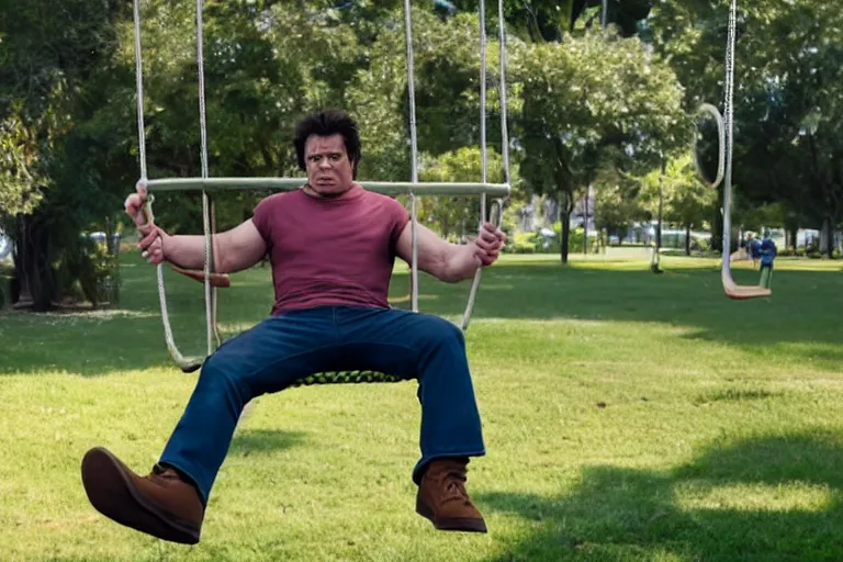 Prompt: hulk in a kid's swing at the children park, clear face, very angry, still shot from the new hulk and avengers movie, 4 k