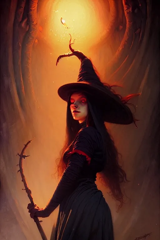 Image similar to young attractive witch portrait by anna podedworna, greg rutkowski, gaston bussiere, simon bisley