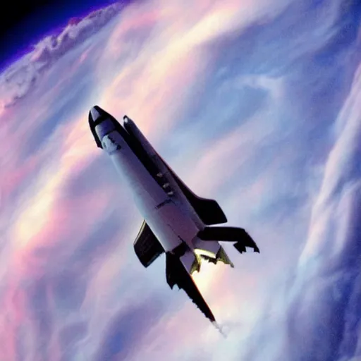 Prompt: a space shuttle flying through beautiful space clouds photograph