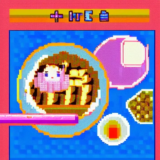 Image similar to 'pixel art anime girl in ramen cafe, blue and pink soft colors, 1990'