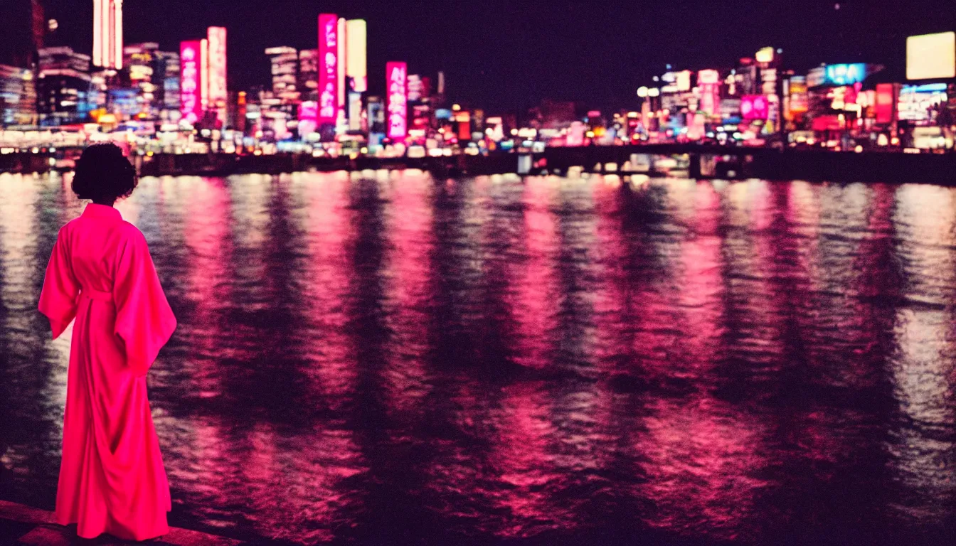 Image similar to 80s neon movie still with a lonely woman in a kimono standing by a river at night with city lights in front of her. She is looking at the city. hyperrealistic, high definition, medium format photography, highly detailed, technicolor, anamorphic 50mm lens