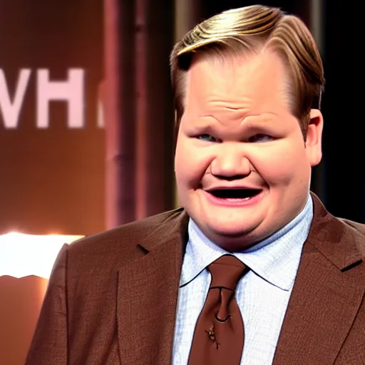 Prompt: Andy Richter is wearing a chocolate brown suit and necktie. He is waking up in his bed on a new bright morning, stretching his arms and his mouth is wide open with a yawn