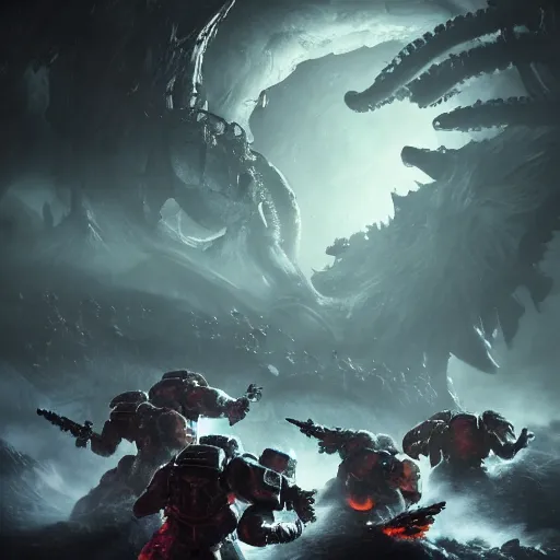 Prompt: a group of space marines battling against an eldritch abomination, high detail, warhammer, cinematic, high resolution, concept art, dark atmosphere, fog, trending, stunning shot