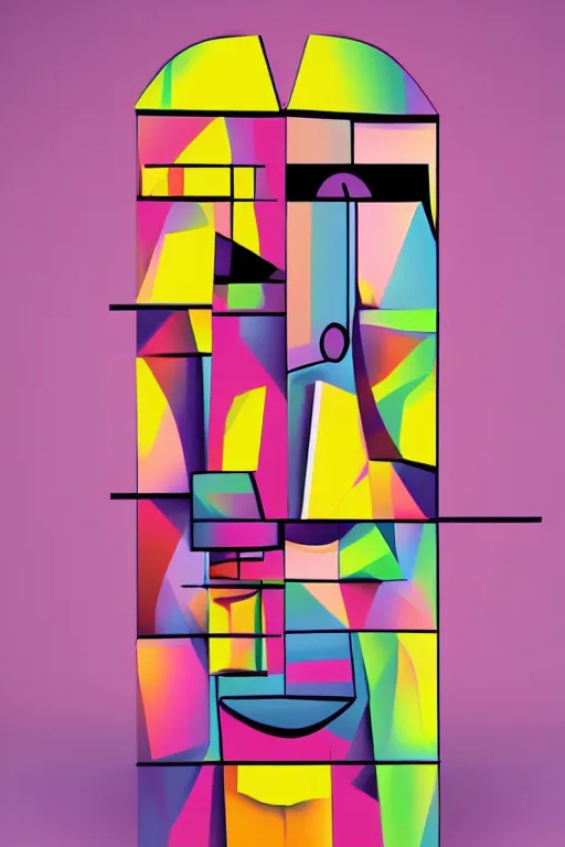 Image similar to cubist moai statue cutout digital illustration cartoon colorful beeple